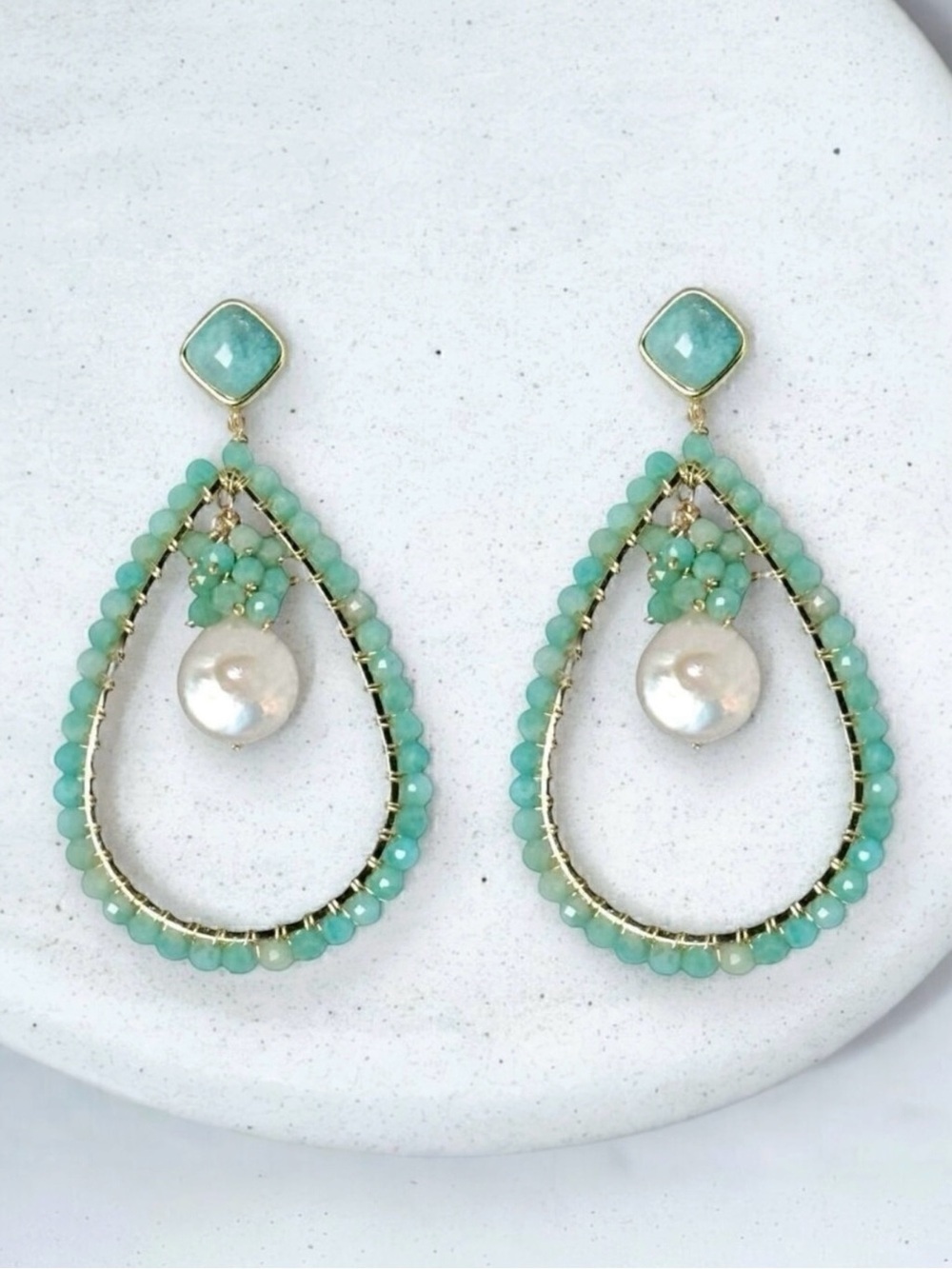 NEW Statement Beaded Dangle Earrings Natural Amazonite Fresh Water Pearl 18K